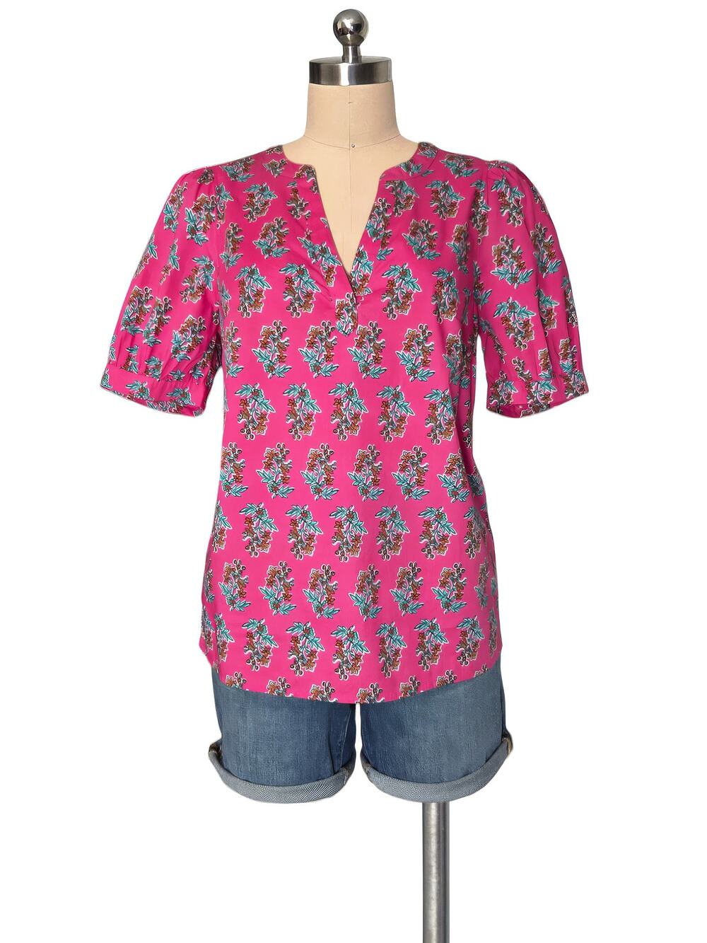 J. Crew Hot Pink 100% Cotton Floral Print Short Sleeve Blouse XS